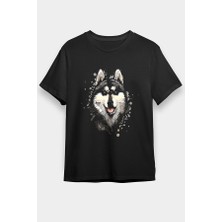 Darkhane Sanatsal Sibirya Kurdu Husky Haski Siyah Unisex Tişört T-Shirt