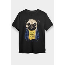 Darkhane Mavi Ceketli Karizmatik Pug Siyah Unisex Tişört T-Shirt