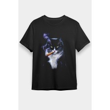 Darkhane Puro Içen Karizmatik Kedi Siyah Unisex Tişört T-Shirt