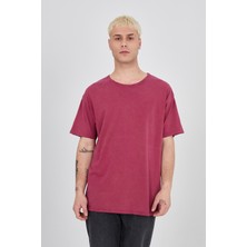 Enzoı Erkek Oversize Basic Yıkamalı Bordo Tişört