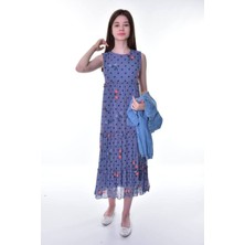 Asortix Kız Çocuk Kot Bolerolu Astarlı Şifon Uzun Çiçekli ELBISE-ELB-0038