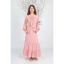 Asortix Kız Çocuk Uzun Astarlı Şifon Pudra Tesettür ELBISE-ELB-0033