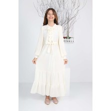Asortix Kız Çocuk Uzun Astarlı Şifon Krem Tesettür ELBISE-ELB-0033