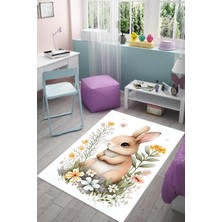 Pelangi Çiçekler Içerisinde Sevimli Tavşan Pastel Yıkanabilir Kaymaz Taban Leke Tutmaz Çocuk Odası Halısık