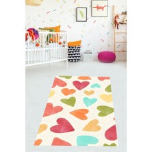 Pelangi Renkli Kalpler Desenli Kız Çocuk Yıkanabilir Kaymaz Taban Leke Tutmaz Çocuk Odası Halısık