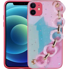 iPhone 11 - Uyumlu Simli Desenli El Askılı Tutacaklı Bthm Store Elsa Silikon Kapak-Pembe