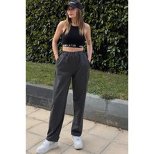 New Laviva Kadın Antrasit Beli Lastikli Cepli Paçası Pliseli Salaş Pantolon