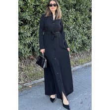 New Laviva Kadın Siyah Kupra Kumaş, Uzun Kol, Beli Kuşaklı, Vucüda Oturan Kalıp, Uzun Gömlek Elbise