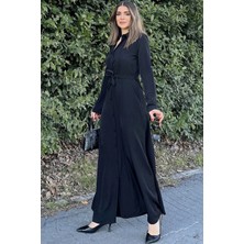 New Laviva Kadın Siyah Kupra Kumaş, Uzun Kol, Beli Kuşaklı, Vucüda Oturan Kalıp, Uzun Gömlek Elbise