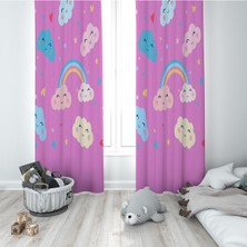 Pelangi Pembe Bulut Ve Gökkuşağı Desenli Dijital Baskı Yıkanabilir Bebek Çocuk Odası Fon Perdesi