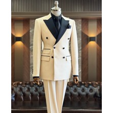 Terzi Adem Altun İtalyan kesim slim fit kruvaze ceket pantolon damatlık set bej T11841