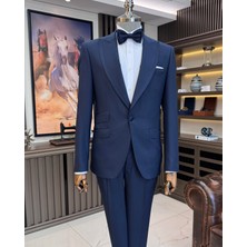 Terzi Adem Altun İtalyan stil slim fit kırlangıç yaka ceket yelek pantolon damatlık set lacivert T11608
