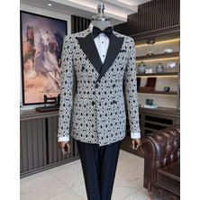 Terzi Adem Altun İtalyan stil slim fit desenli kruvaze ceket pantolon damatlık set siyah T11571