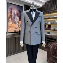Terzi Adem Altun İtalyan stil slim fit geometrik desen kruvaze ceket pantolon damatlık set siyah T11570