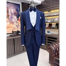 Terzi Adem Altun İtalyan stil slim fit şal yaka ceket yelek pantolon damatlık set lacivert T11618
