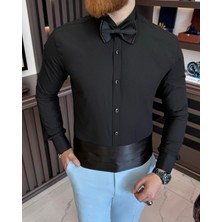 Terzi Adem Altun İtalyan kesim slim fit damatlık ata yaka erkek gömlek Siyah T7526
