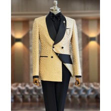 Terzi Adem Altun İtalyan stil slim fit şal yaka kruvaze ceket pantolon damatlık set bej T11797