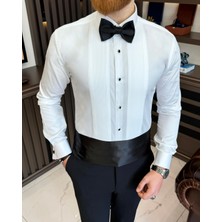 Terzi Adem Altun Italyan Stil Slim Fit Kravat Yaka Pliseli Duble Manşet Erkek Gömlek Beyaz T11604