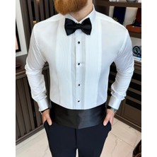 Terzi Adem Altun Italyan Stil Slim Fit Kravat Yaka Pliseli Duble Manşet Erkek Gömlek Beyaz T11604