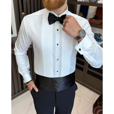 Terzi Adem Altun Italyan Stil Slim Fit Kravat Yaka Pliseli Duble Manşet Erkek Gömlek Beyaz T11604