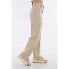 Asortix Kız Çocuk Kargo Cep Detaylı Yüksek Bel Wide Leg Krem Pantolon-PNT-0029