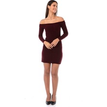 Camenta Bordo Kaşkorse Omuz Dekolteli Elbise