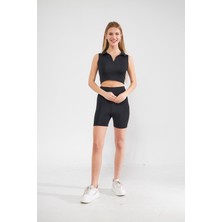 Camenta Siyah Polo Yaka Sıfır Kol Scuba Crop ve Tayt Takım