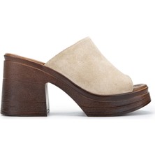 Tamer Tanca Kadın Deri Bej Süet Topuklu Terlik 231 76 Bn Trlk Y24 Bej Suet