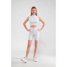 Camenta Gri Balıkçı Yaka Sıfır Kol Scuba Crop Dikiş Detaylı Tayt Alt-Üst Takım