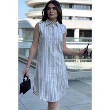 New Laviva Kadın Bej Çizgili Desen, Ithal Kumaş, Kolsuz, Rahat Kesim, Midi Gömlek Elbise