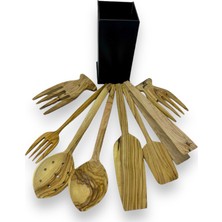 Ceren Wooden Zeytin Ağacı 8 Parça Set Handmade Ahşap Kaşık Spatula Salata Eli Çatal Kevgir Maşa Kutu