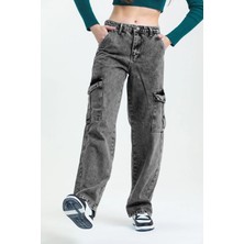 Asortix Kız Çocuk Kargo Cep Detaylı Yüksek Bel Wide Leg Füme Kot PANTOLON-PNT-0029