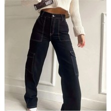 Kız Çocuk Siyah Ters Diliş Detaylı Denim Kargo Pantolon Kot Jean-PNT-0026