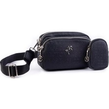 Nas Bag Mini Kadın Çapraz Mini Cüzdanlı At Amblemli Siyah Gofraj (Eni :20 cm ; Boy 14 Cm)