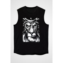 Darkhane Sinirli Aslan Siyah Unisex Kolsuz Tişört Kesik Kol T-Shirt