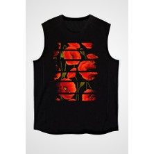 Darkhane Kırmızı Gelincik Uğur Böceği Siyah Unisex Kolsuz Tişört Kesik Kol T-Shirt