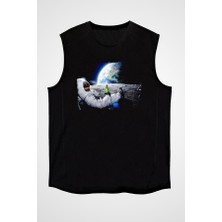 Darkhane Astronot Ayda Bira Keyfi Siyah Unisex Kolsuz Tişört Kesik Kol T-Shirt