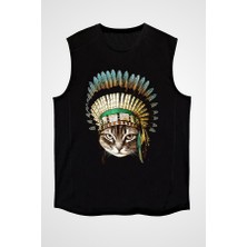 Darkhane Kızılderili Lideri Kedi Siyah Unisex Kolsuz Tişört Kesik Kol T-Shirt