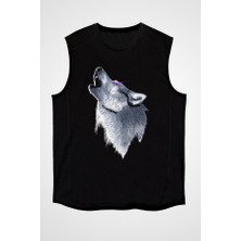 Darkhane Uluyan Sibirya Kurdu Husky Haski Siyah Unisex Kolsuz Tişört Kesik Kol T-Shirt