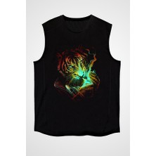 Darkhane Sigara Içen Kaplan Siyah Unisex Kolsuz Tişört Kesik Kol T-Shirt