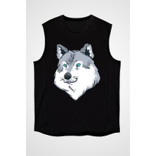 Darkhane Mavi Gözlü Köpek Sibirya Kurdu Husky Haski Siyah Unisex Kolsuz Tişört Kesik Kol T-Shirt
