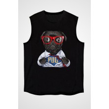 Darkhane Süper Kahraman Süper Pug Siyah Unisex Kolsuz Tişört Kesik Kol T-Shirt