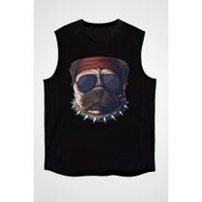 Darkhane Sigara Içen Çete Lideri Pug Siyah Unisex Kolsuz Tişört Kesik Kol T-Shirt