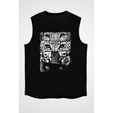 Darkhane Yırtıcı Kedi Bakışları Siyah Unisex Kolsuz Tişört Kesik Kol T-Shirt