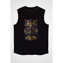Darkhane Renkli Baykuş Siyah Unisex Kolsuz Tişört Kesik Kol T-Shirt