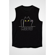 Darkhane Meow Kedi Siyah Unisex Kolsuz Tişört Kesik Kol T-Shirt