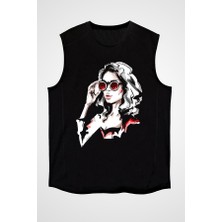 Darkhane Gözlüklü Kız Moda Siyah Unisex Kolsuz Tişört Kesik Kol T-Shirt