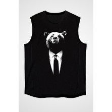 Darkhane Takım Elbiseli Ayı Siyah Unisex Kolsuz Tişört Kesik Kol T-Shirt