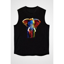 Darkhane Renkli Fil Siyah Unisex Kolsuz Tişört Kesik Kol T-Shirt