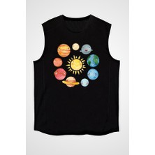 Darkhane Güneş Sistemi Gezegenler Siyah Unisex Kolsuz Tişört Kesik Kol T-Shirt